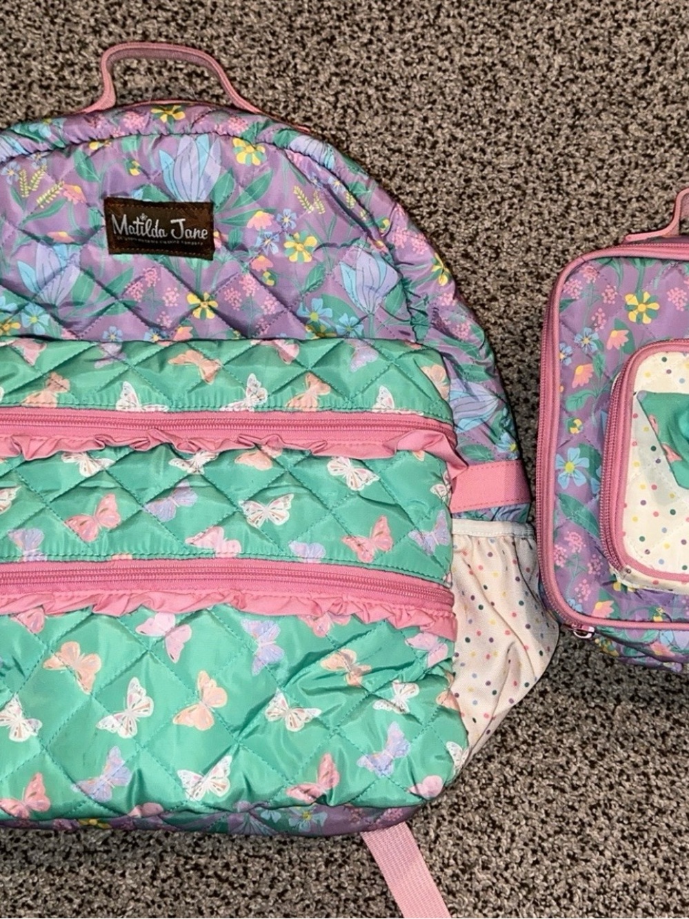 Matilda Jane Quilted Kids Backpack in Mint, Lavender & Pink